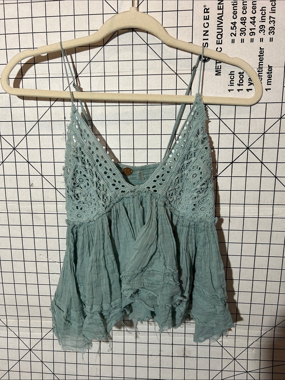 Free People One Light Green Crochet-Trim Spaghetti Strap Women’s Top